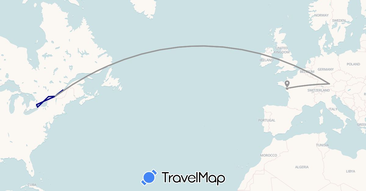 TravelMap itinerary: driving, plane in Canada, Germany, France (Europe, North America)