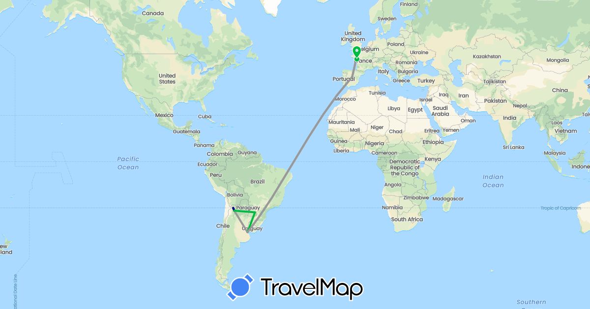 TravelMap itinerary: driving, bus, plane in Argentina, Spain, France (Europe, South America)