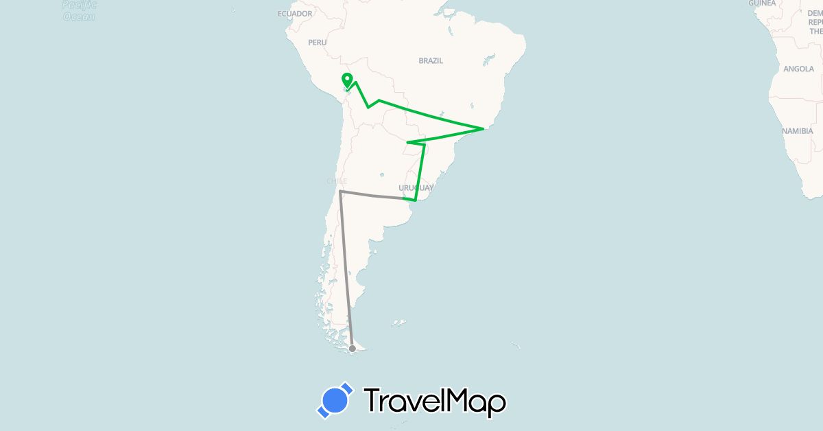 TravelMap itinerary: driving, bus, plane in Argentina, Bolivia, Brazil, Chile, Peru, Paraguay, Uruguay (South America)
